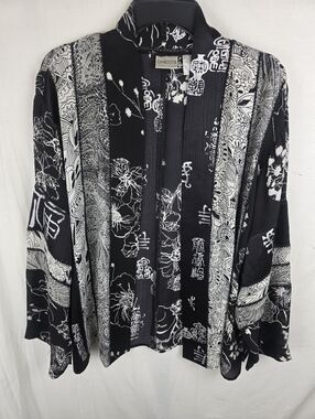 Chico's Black/White Floral Asian Inspired 90% Silk Print Kimono Sz Chico's 3(XL)
